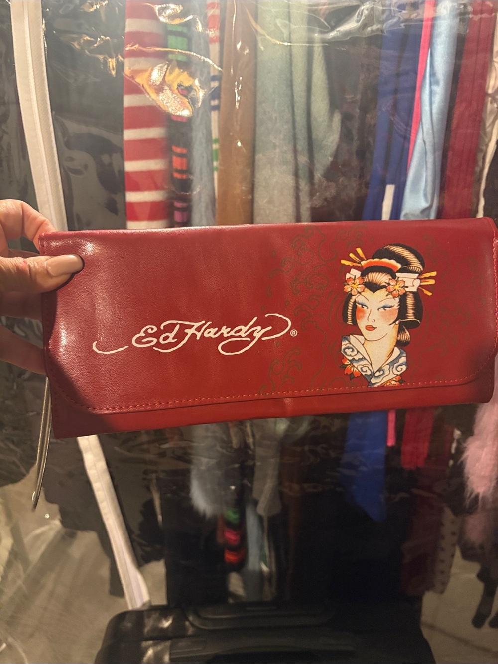 Ed Hardy Red Geisha Foldover Clutch with Script Logo